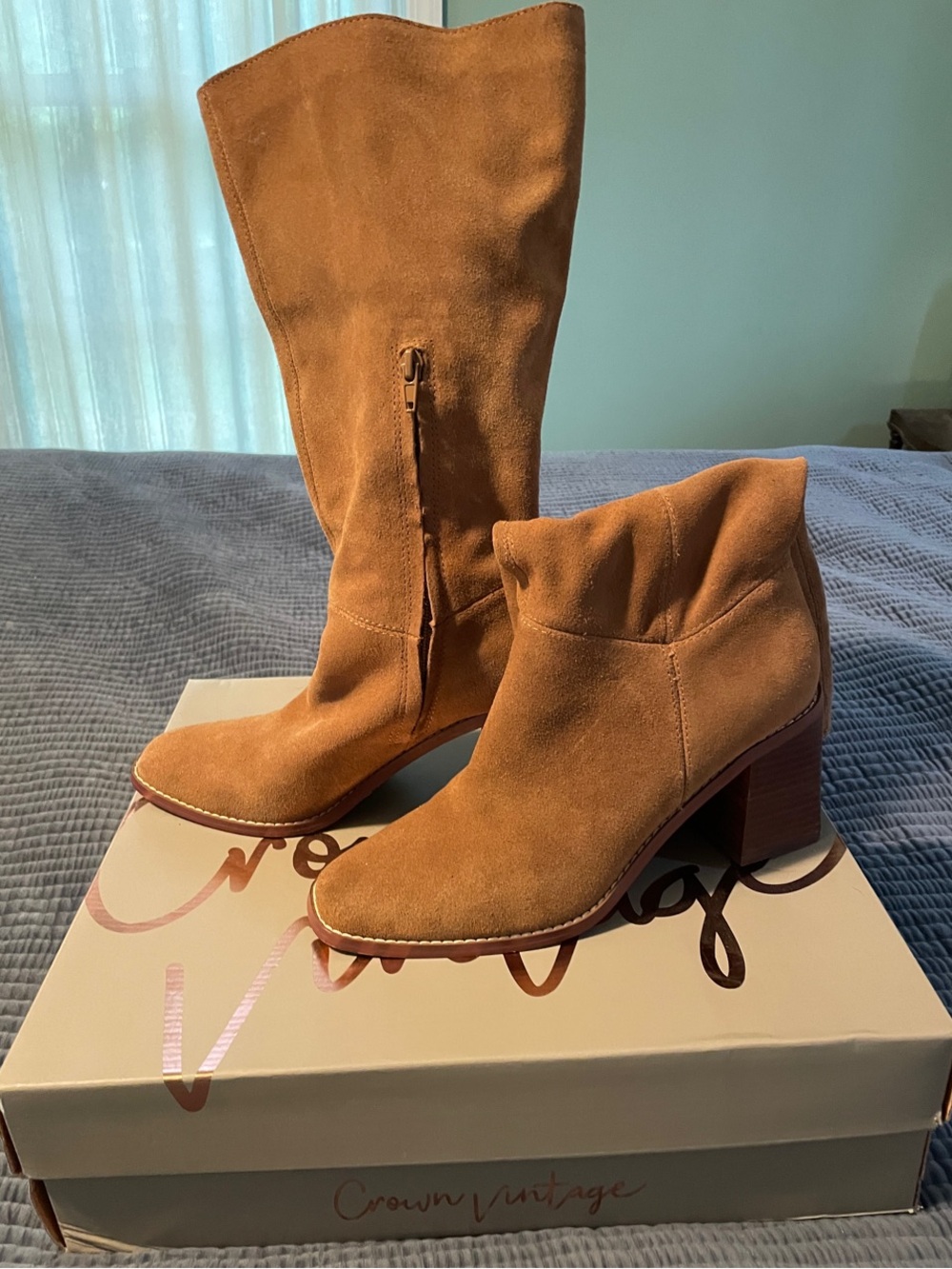 Crown Vintage Chestnut Suede Mid-Calf Zip Boot & Block-Heel Ankle Boot